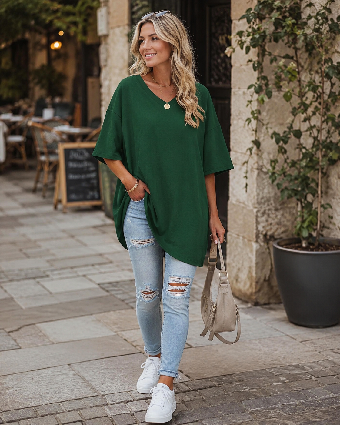 Scarlett Camiseta Oversize Mujer – Cuello en V, Mezcla Algodón y Corte Relajado