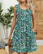Sloane Vestido Midi Floral Mujer – Sin Mangas, Pliegues, Bolsillos y Corte Línea A