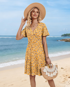 Madeleine Vestido Floral Mujer – Cuello en V Cruzado, Mangas Volantes y Bolsillos