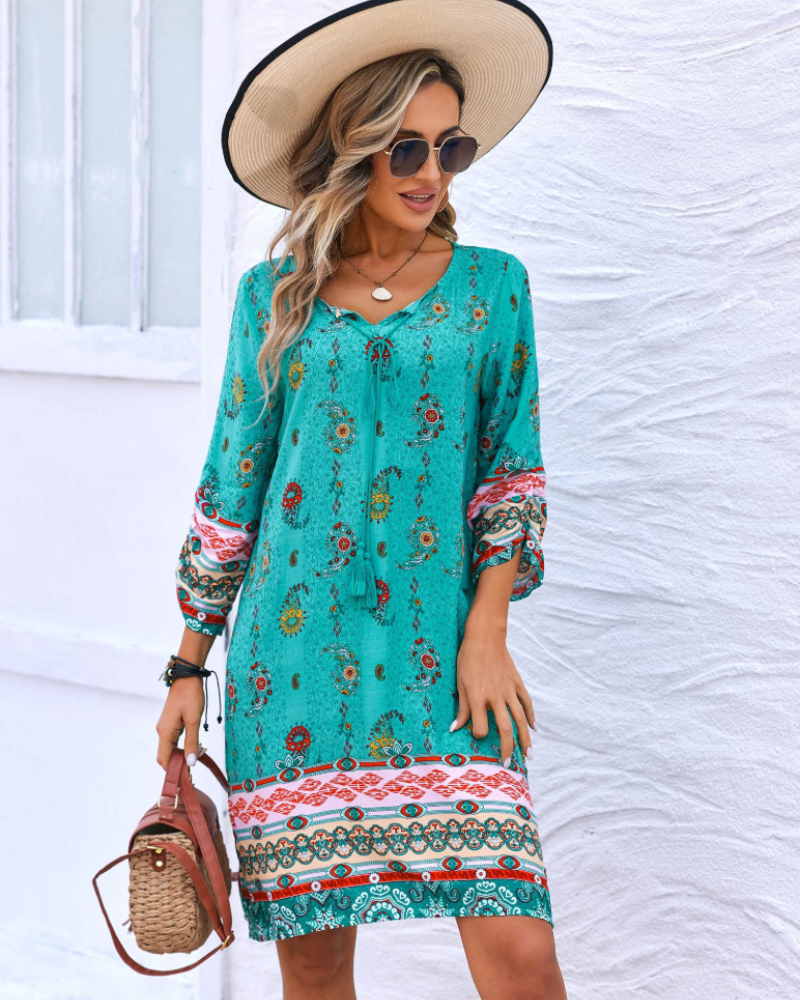 Evelyn Vestito Tunica Boho Donna – Manica Lunga, Nappine e Stampa Floreale
