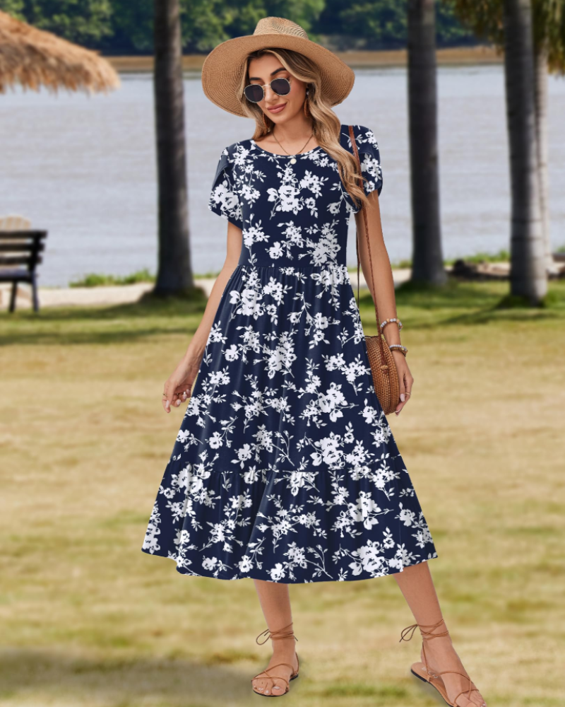 Elodie Vestido Midi Floral Mujer – Mangas Pétalo, Bolsillos y Falda con Volantes