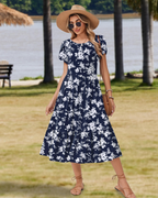 Elodie Vestido Midi Floral Mujer – Mangas Pétalo, Bolsillos y Falda con Volantes