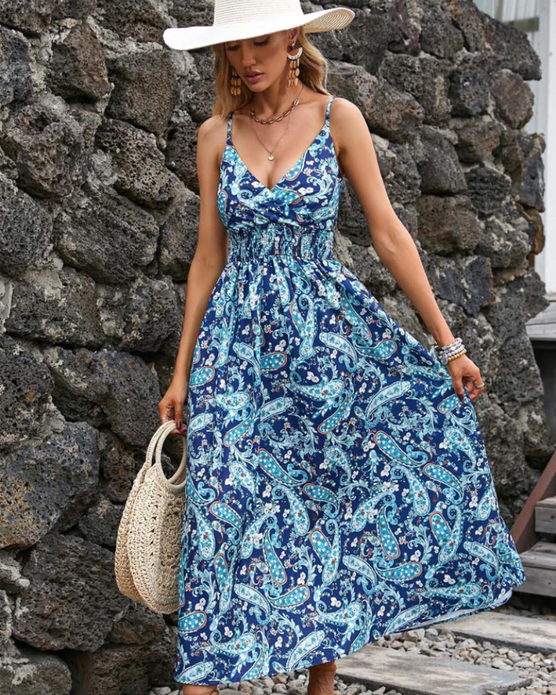 Piper Abito Maxi Floreale Donna – Scollo a V, Spalline Sottili e Vita Alta