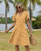 Madeleine Vestido Floral Mujer – Cuello en V Cruzado, Mangas Volantes y Bolsillos