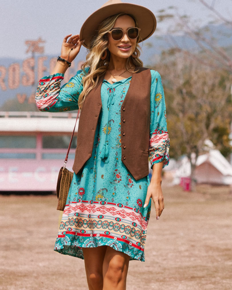 Evelyn Vestito Tunica Boho Donna – Manica Lunga, Nappine e Stampa Floreale
