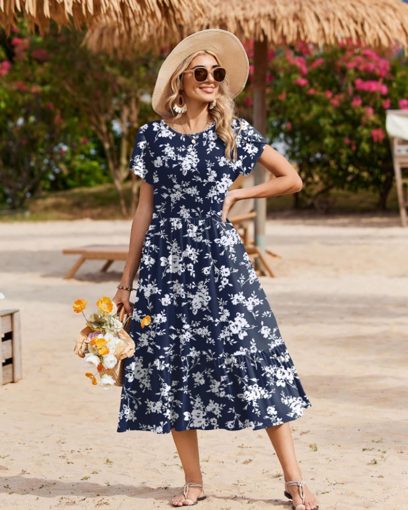 Elodie Vestido Midi Floral Mujer – Mangas Pétalo, Bolsillos y Falda con Volantes