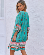 Evelyn Vestito Tunica Boho Donna – Manica Lunga, Nappine e Stampa Floreale