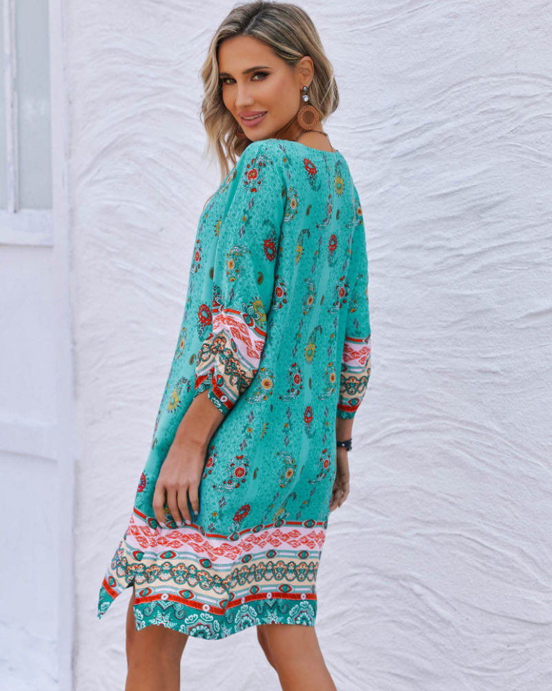Evelyn Vestito Tunica Boho Donna – Manica Lunga, Nappine e Stampa Floreale