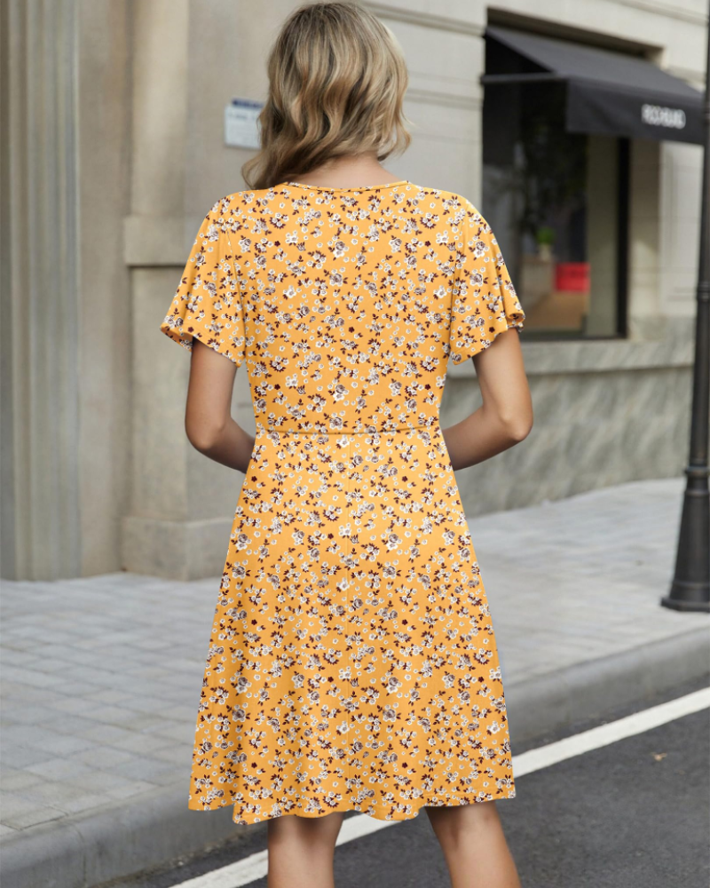 Madeleine Vestido Floral Mujer – Cuello en V Cruzado, Mangas Volantes y Bolsillos