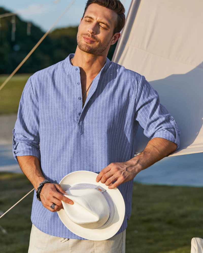 Ethan Camisa Henley Hombre – Camisa de Algodón y Lino de Manga Larga Transpirable