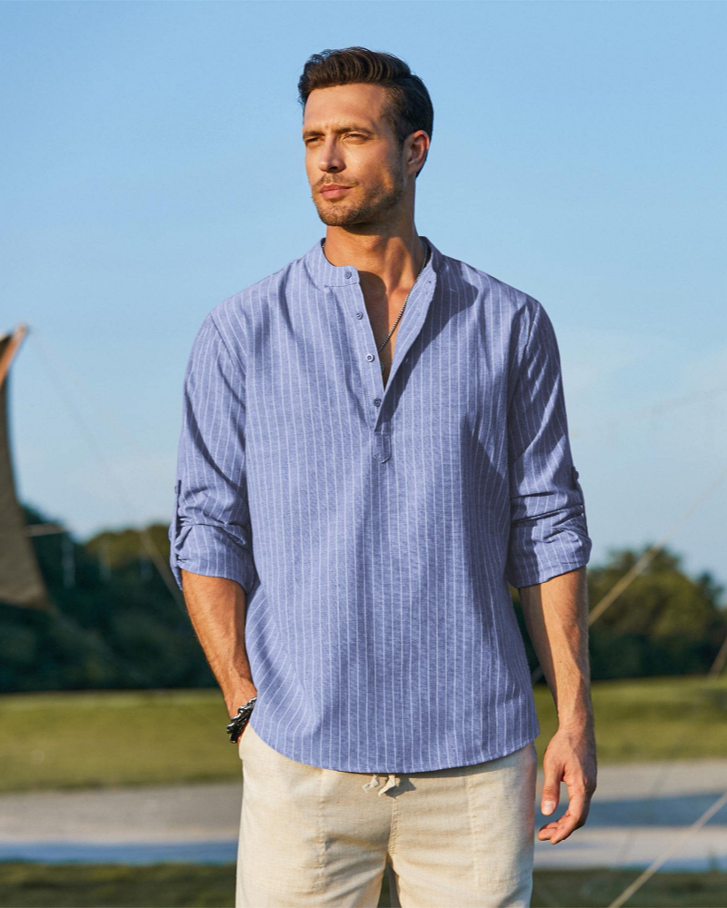Ethan Camisa Henley Hombre – Camisa de Algodón y Lino de Manga Larga Transpirable