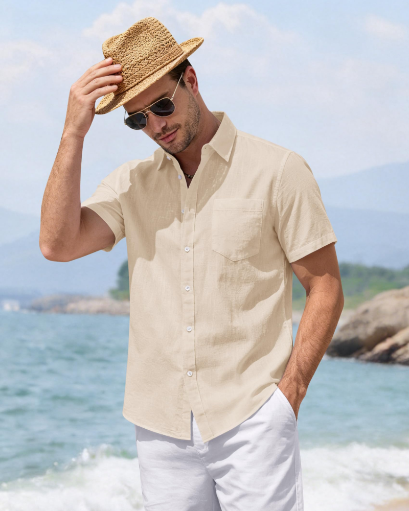 Leo Camisa Hombre – Algodón y Lino, Botones, Cuello Abierto y Corte Casual