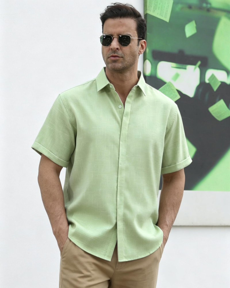 Noah Camisa Lino Hombre – Manga Corta, Cuello Clásico y Botones Ocultos