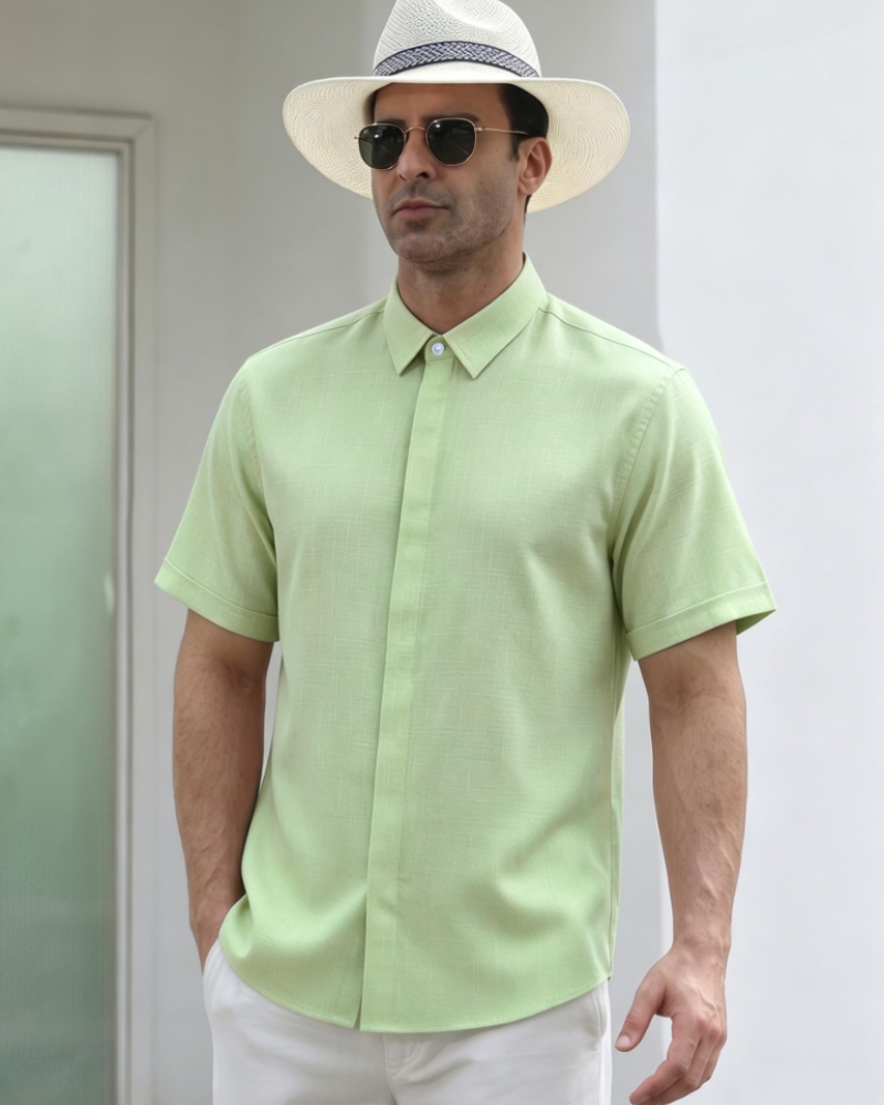 Noah Camisa Lino Hombre – Manga Corta, Cuello Clásico y Botones Ocultos