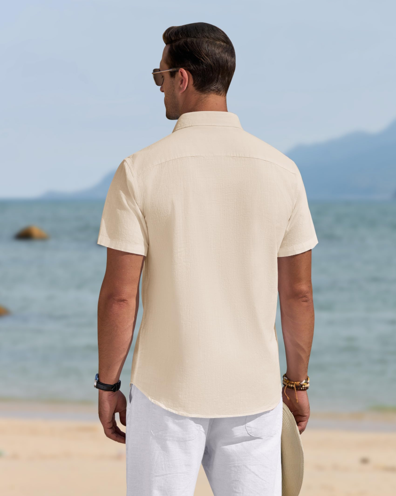 Leo Camisa Hombre – Algodón y Lino, Botones, Cuello Abierto y Corte Casual
