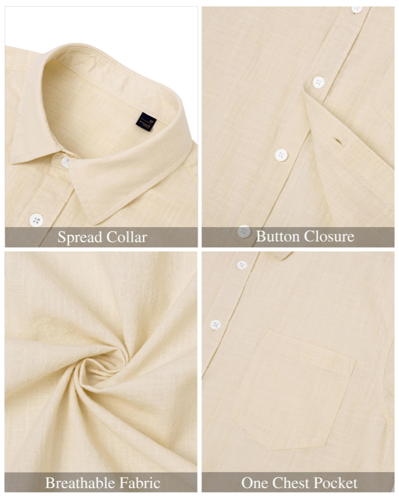 Leo Camisa Hombre – Algodón y Lino, Botones, Cuello Abierto y Corte Casual