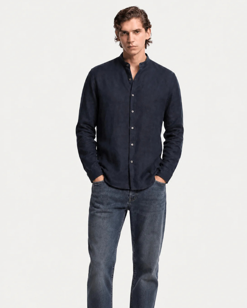 Ethan Camisa de Lino Hombre – Cuello Mao, Botones Frontales y Corte Relajado