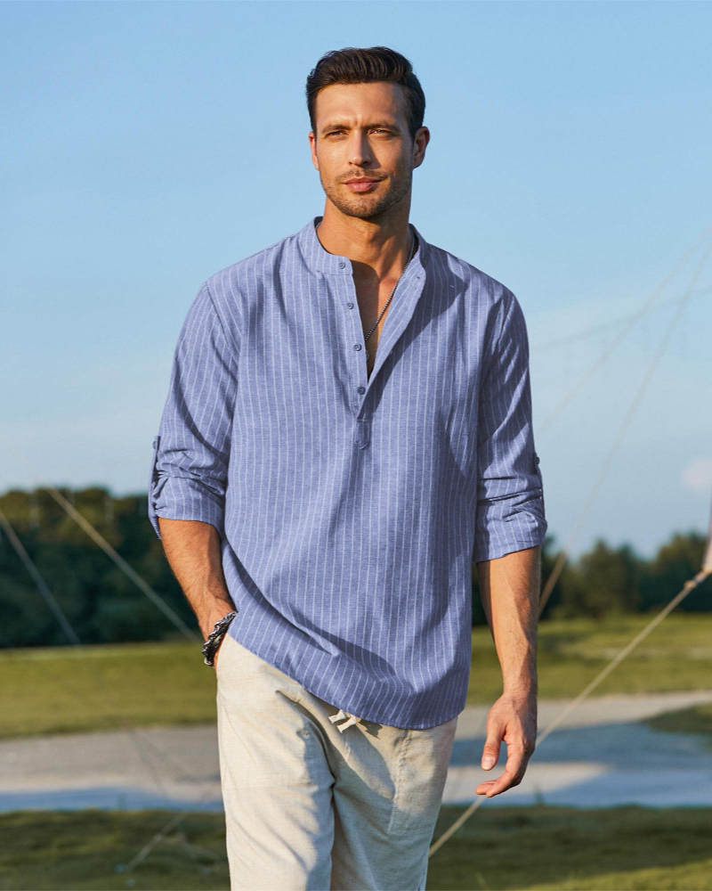 Ethan Camisa Henley Hombre – Camisa de Algodón y Lino de Manga Larga Transpirable