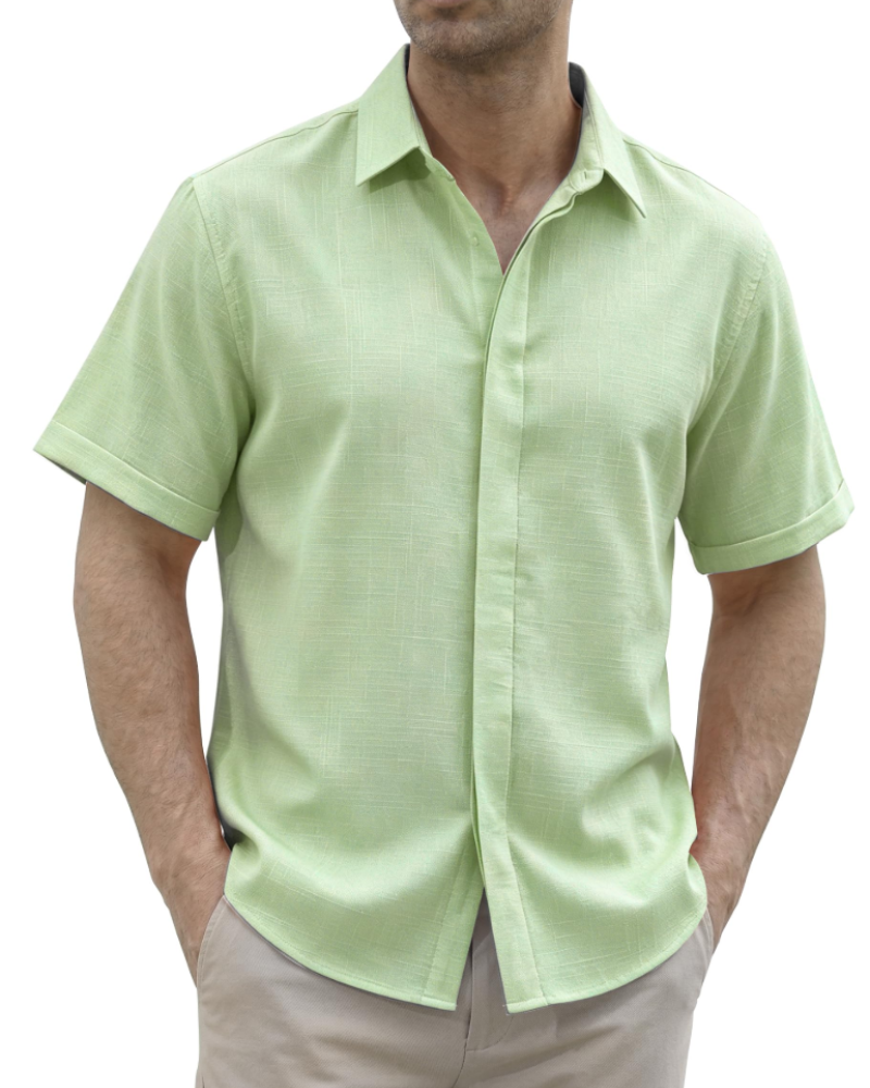 Noah Camisa Lino Hombre – Manga Corta, Cuello Clásico y Botones Ocultos