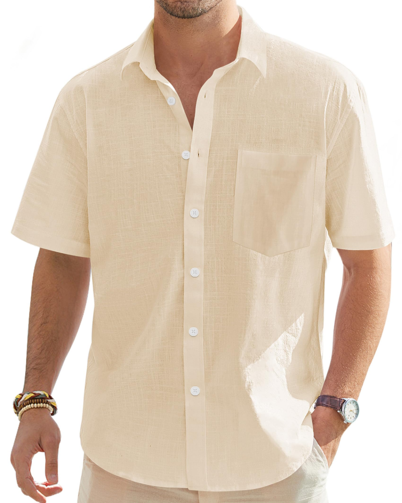 Leo Camisa Hombre – Algodón y Lino, Botones, Cuello Abierto y Corte Casual