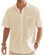 Leo Camisa Hombre – Algodón y Lino, Botones, Cuello Abierto y Corte Casual