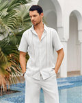 Ethan Completo Lino Uomo – Camicia Cubana Manica Corta, Pantaloncini con Coulisse e Righe