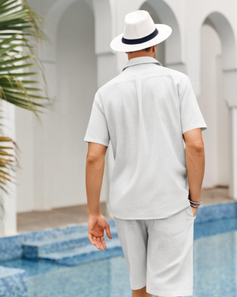 Ethan Completo Lino Uomo – Camicia Cubana Manica Corta, Pantaloncini con Coulisse e Righe