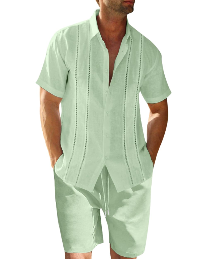 Ethan Completo Lino Uomo – Camicia Cubana Manica Corta, Pantaloncini con Coulisse e Righe