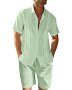 Ethan Completo Lino Uomo – Camicia Cubana Manica Corta, Pantaloncini con Coulisse e Righe