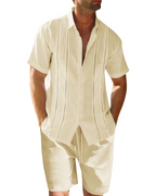 Ethan Completo Lino Uomo – Camicia Cubana Manica Corta, Pantaloncini con Coulisse e Righe