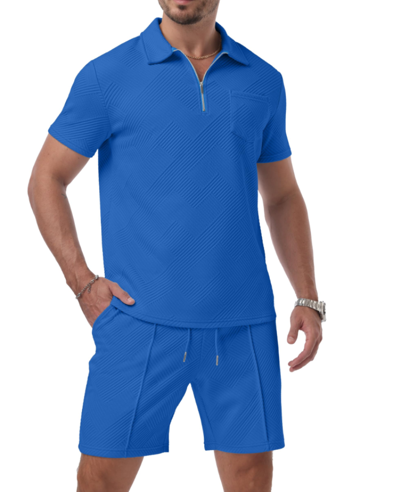 Victor Ensemble Polo Jacquard Homme – Demi-Zip, Shorts avec Cordon et Poches