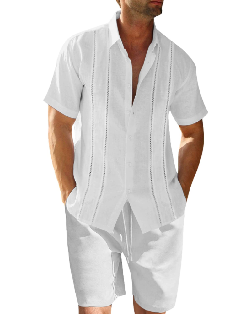 Ethan Completo Lino Uomo – Camicia Cubana Manica Corta, Pantaloncini con Coulisse e Righe