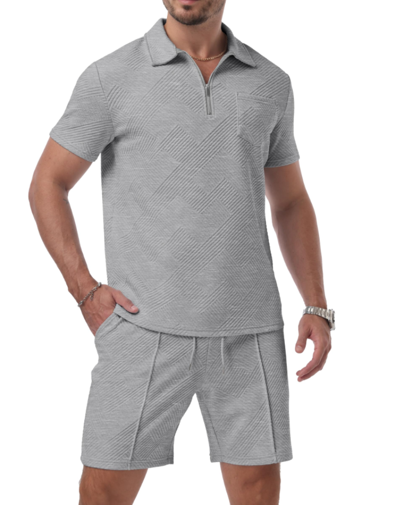 Victor Ensemble Polo Jacquard Homme – Demi-Zip, Shorts avec Cordon et Poches