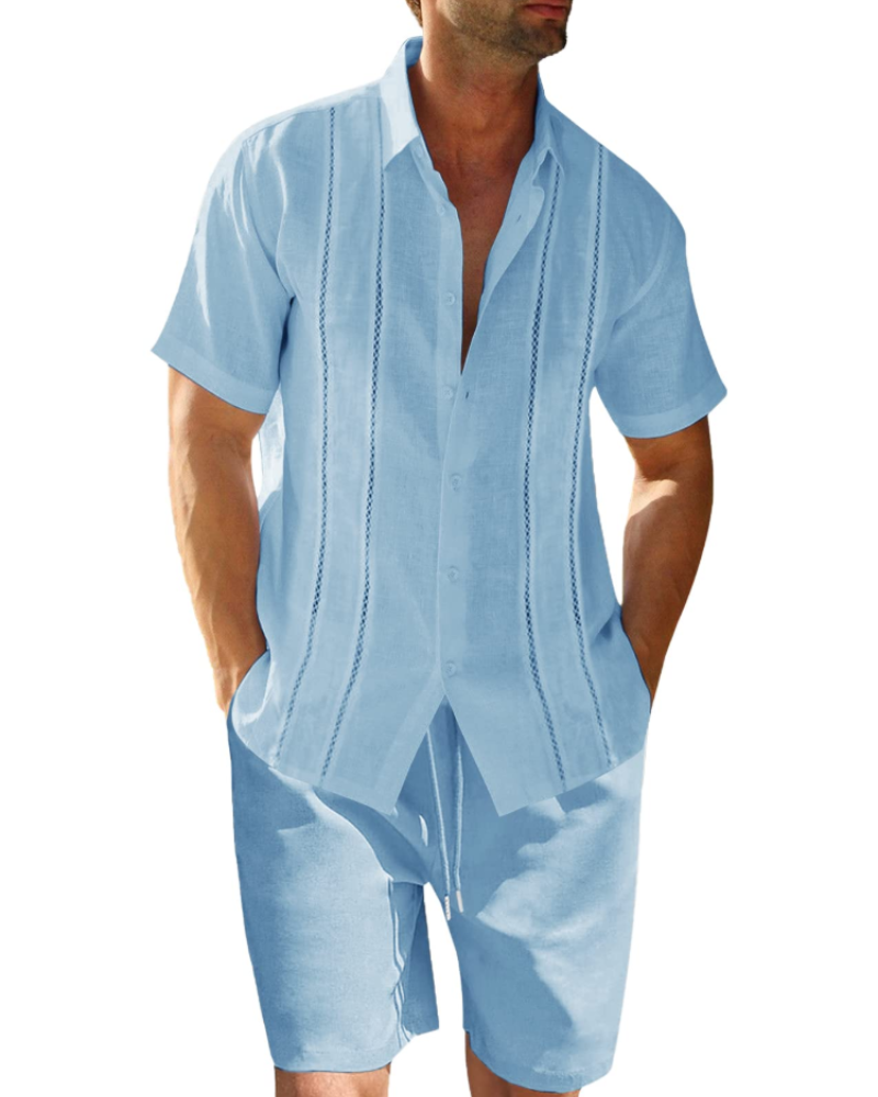 Ensemble Ethan en lin pour homme – Chemise cubaine à manches courtes, short à cordon et rayures