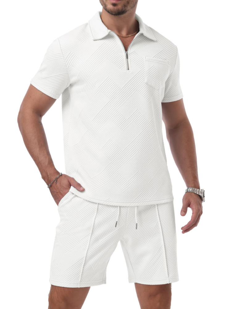 Victor Ensemble Polo Jacquard Homme – Demi-Zip, Shorts avec Cordon et Poches