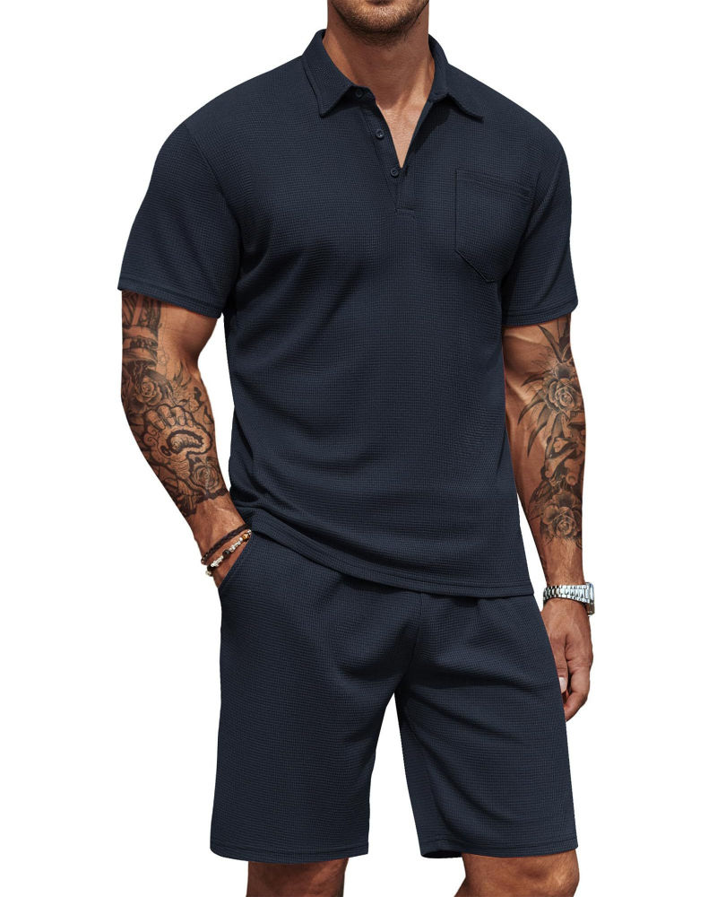 Nathan Ensemble Polo Homme – Chemise Slim Fit, Shorts avec Cordon et Poches