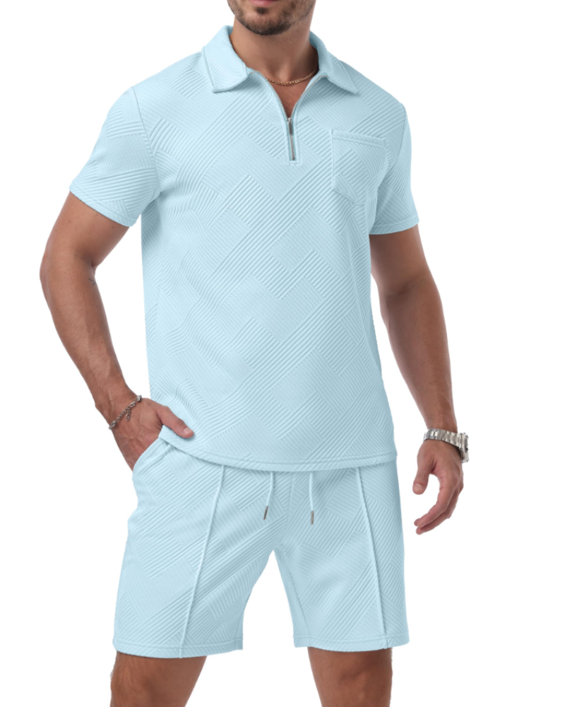 Victor Ensemble Polo Jacquard Homme – Demi-Zip, Shorts avec Cordon et Poches