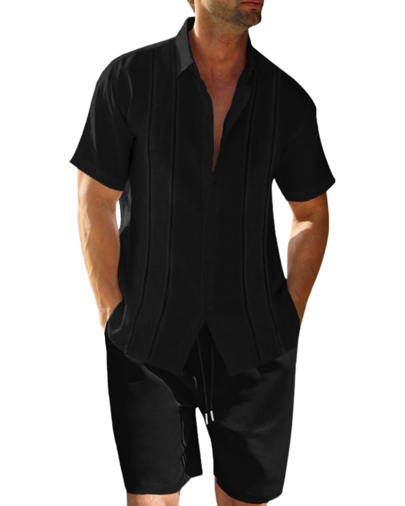 Ensemble Ethan en lin pour homme – Chemise cubaine à manches courtes, short à cordon et rayures