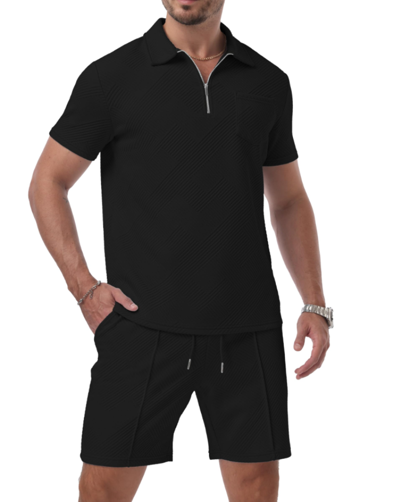 Victor Ensemble Polo Jacquard Homme – Demi-Zip, Shorts avec Cordon et Poches