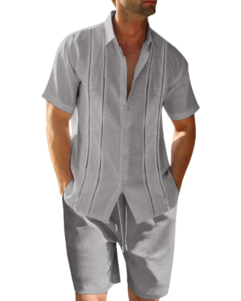 Ensemble Ethan en lin pour homme – Chemise cubaine à manches courtes, short à cordon et rayures