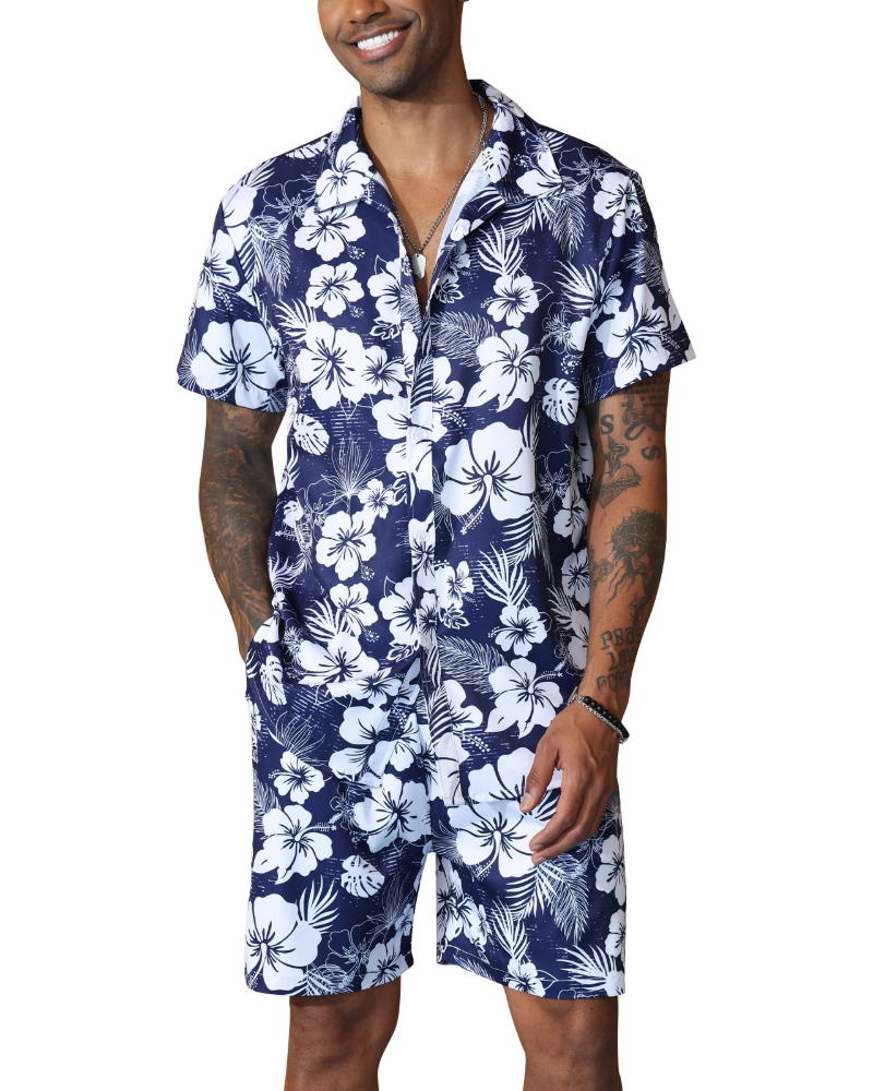 Adrian Ensemble Hawaïen Homme – Chemise Florale, Shorts avec Cordon et Poches