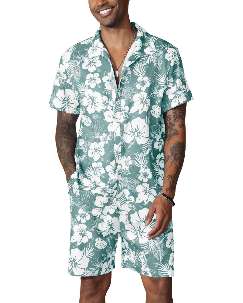 Adrian Ensemble Hawaïen Homme – Chemise Florale, Shorts avec Cordon et Poches