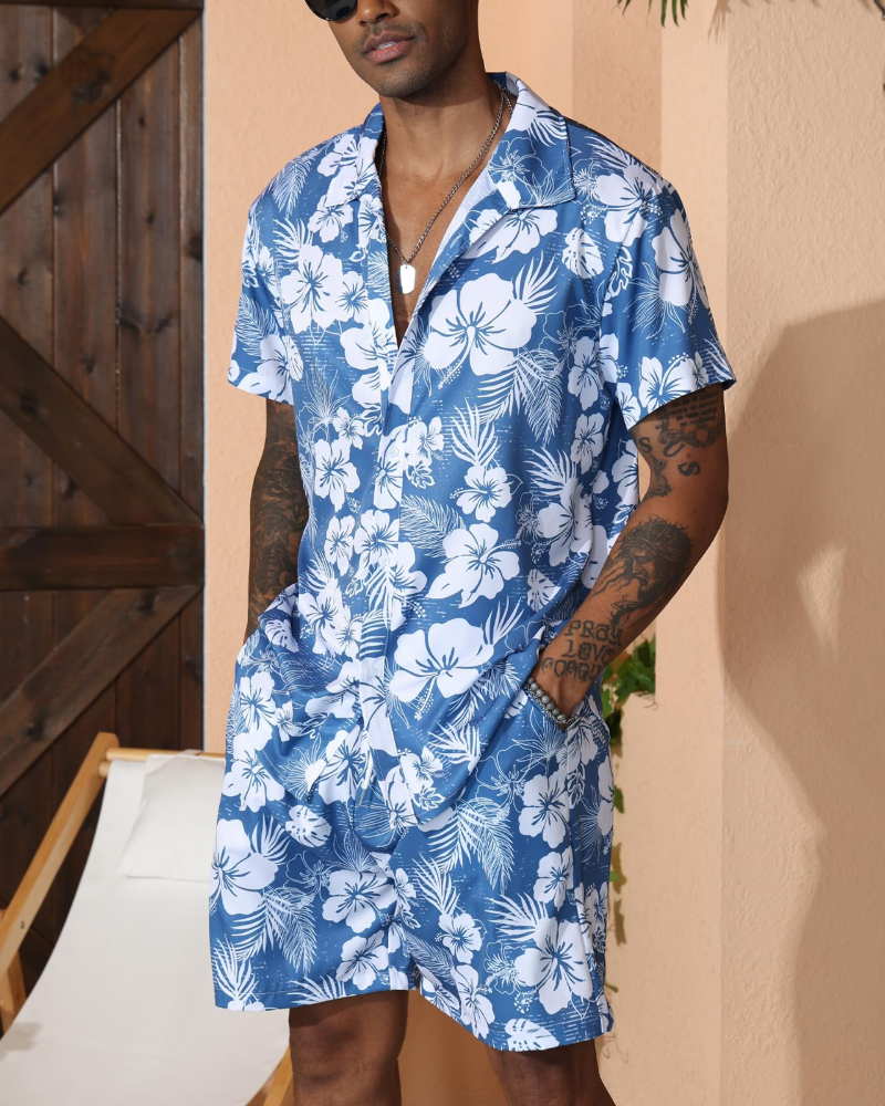 Adrian Completo Hawaiano Uomo – Camicia Floreale, Pantaloncini con Coulisse e Tasche