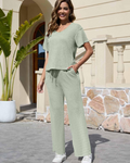 Natalie Conjunto Mujer – Set Dos Piezas Canalé con Top en V y Pantalón Ancho
