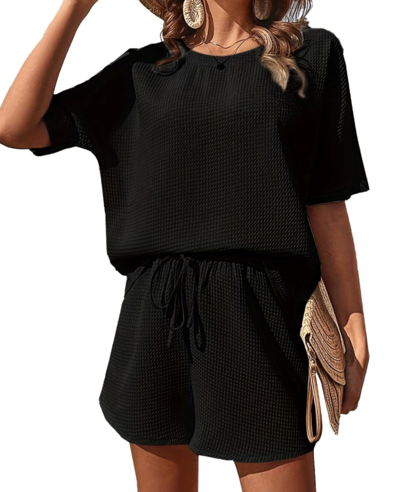 Hannah Conjunto Lounge Mujer – Set Dos Piezas Textura Waffle, Shorts y Camiseta