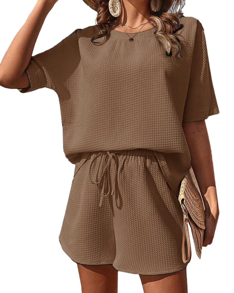 Hannah Conjunto Lounge Mujer – Set Dos Piezas Textura Waffle, Shorts y Camiseta