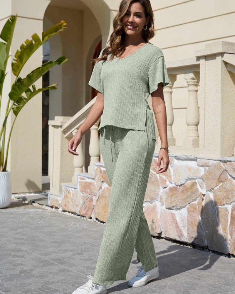 Natalie Conjunto Mujer – Set Dos Piezas Canalé con Top en V y Pantalón Ancho