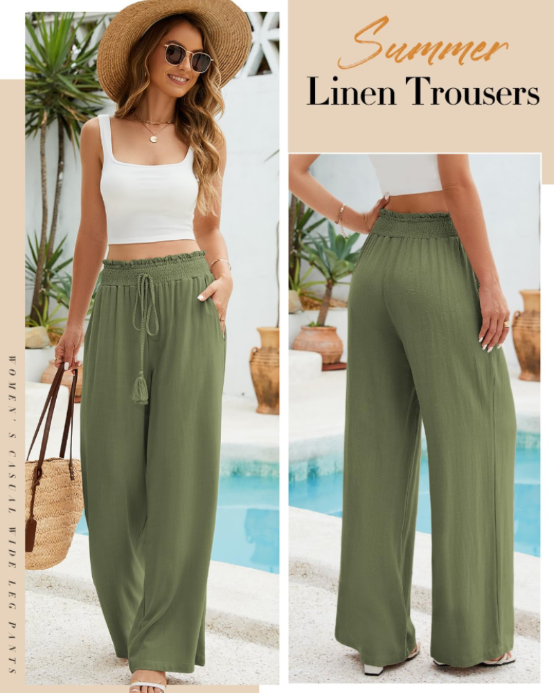 Rachel Pantalón Mujer – Lino y Algodón, Pierna Ancha, Cintura Elástica y Bolsillos