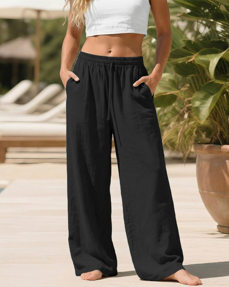 Sadie Pantalón Palazzo Mujer – Lino Ligero con Cintura Elástica y Bolsillos