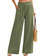 Rachel Pantalón Mujer – Lino y Algodón, Pierna Ancha, Cintura Elástica y Bolsillos